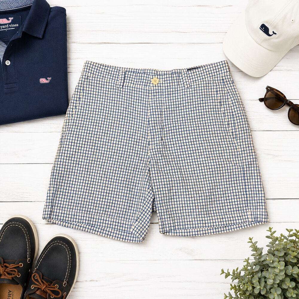 Vineyard Vines Breaker Shorts Blue White Check Seersucker 30